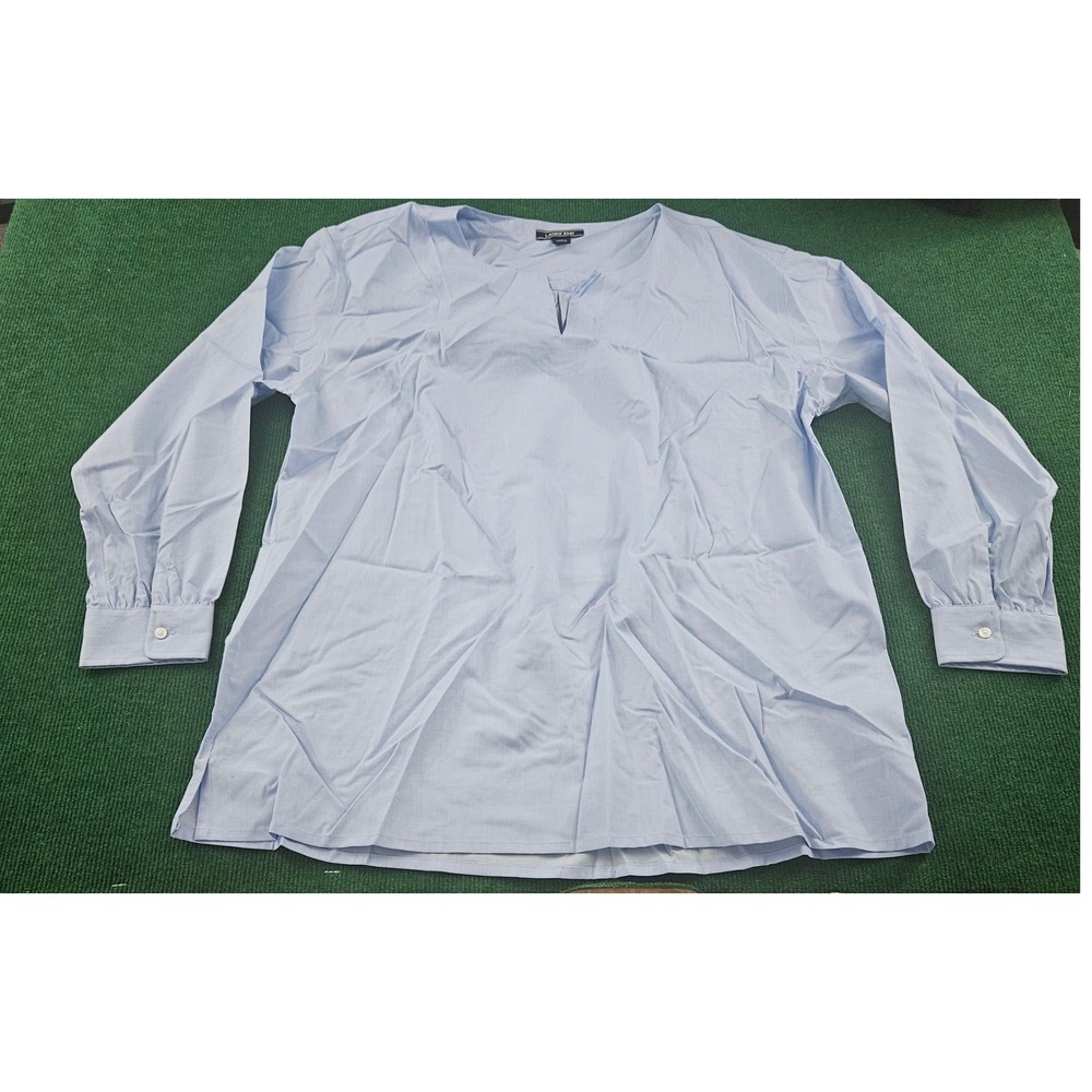 Lands End Womens Light Blue Striped V Neck Long Sleeve Button‎ Cuff Tunic Top 16